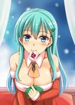  alternate_costume aqua_eyes aqua_hair ascot blush breasts cleavage commentary_request condom condom_in_mouth detached_sleeves eyebrows_visible_through_hair hair_between_eyes hair_ornament hairclip kantai_collection large_breasts long_hair long_sleeves looking_at_viewer mouth_hold off_shoulder ookawa_wataru santa_costume solo suzuya_(kantai_collection) 