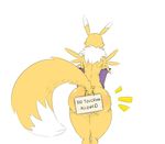  2017 butt clothing digimon dipstick_tail english_text female gloves multicolored_tail rear_view renamon sign simple_background solo text thick_thighs white_background wouhlven 