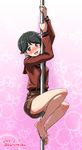  2016 arms_up artist_name barefoot belt black_hair blush climbing climbing_pole dated grey_eyes kantai_collection katou_techu looking_at_viewer mogami_(kantai_collection) open_mouth pink_background pole_dancing short_hair shorts smile solo stripper_pole 