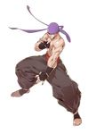  1boy baggy_pants bandanna fingerless_gloves full_body gloves jyuzumaru muscle official_art pants ribbon simple_background solo toeless_legwear toes tomoyuki_kotani topless transparent_background tsunetsugu_jyuzumaru yatagarasu_(game) 