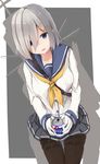  absurdres belt black_legwear blue_eyes breasts buttons can cowboy_shot gloves grey_hair hair_ornament hair_over_one_eye hairclip hamakaze_(kantai_collection) head_tilt highres holding holding_can kantai_collection long_sleeves looking_at_viewer machinery medium_breasts neckerchief open_mouth pantyhose pleated_skirt school_uniform serafuku skirt solo two-tone_background white_gloves yellow_neckwear yuki_(yukin0128) 