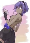  ass back backless_outfit breasts dark_skin fate/prototype fate/prototype:_fragments_of_blue_and_silver fate_(series) flat_ass hassan_of_serenity_(fate) looking_at_viewer mamedenkyuu_(berun) mask mask_removed purple_eyes purple_hair short_hair small_breasts solo 