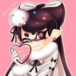  aori_(splatoon) black_hair blush closed_mouth domino_mask earrings english gift gloves heart heart-shaped_pupils highres holding jewelry long_hair long_sleeves looking_at_viewer mask mole mole_under_eye one_eye_closed pink_background pointy_ears puchiman shirt simple_background smile solo splatoon_(series) splatoon_1 star symbol-shaped_pupils tentacle_hair twitter_username upper_body valentine white_gloves white_shirt 