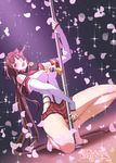  2016 absurdly_long_hair barefoot between_legs blush brown_hair cherry_blossoms covered_nipples dated dutch_angle falling_petals hand_between_legs head_tilt headgear hip_vent kantai_collection katou_techu leaning_back long_hair looking_at_viewer no_legwear panties petals pole_dancing solo sparkle squatting stripper_pole twitter_username underwear very_long_hair yamato_(kantai_collection) yellow_eyes 