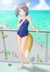  animal_ears barefoot beach black_hair blush feet fox_ears fox_tail looking_at_viewer multiple_girls oka_takeshi one-piece_swimsuit school_swimsuit short_hair swimsuit tail toes yellow_eyes 