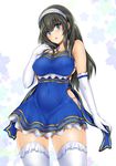  bangs bare_shoulders black_hair blue_dress blue_eyes breasts covered_navel cowboy_shot dress elbow_gloves eyebrows_visible_through_hair gloves hair_between_eyes hairband highres idolmaster idolmaster_cinderella_girls large_breasts long_hair maruwa_tarou panties parted_lips sagisawa_fumika side-tie_panties side_slit sideboob solo thighhighs underwear white_gloves white_legwear white_panties 