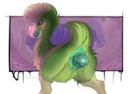  2017 alien animal_genitalia avian beak butt cloaca dachora egg english_text feathers female feral green_feathers hybrid looking_at_viewer metroid nintendo nude oviposition purple_eyes pussy_juice qwertydragon raised_tail signature solo text video_games 
