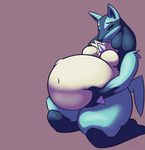  abdominal_bulge abstract_background belly belly_squish big_belly breasts female hand_on_stomach lucario misterhinotori navel nintendo overweight overweight_female pok&eacute;mon solo thick_thighs tongue tongue_out video_games vore 
