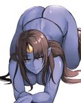  all_fours ass blue_skin boots breasts brown_eyes brown_hair cleavage g-string horn large_breasts long_hair looking_at_viewer oni original panties pepe_(jonasan) pointy_ears smile solo thong topless underwear white_background 
