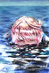  commentary hair_ornament highres horizon i-58_(kantai_collection) kantai_collection looking_at_viewer millipen_(medium) ocean partially_submerged pink_eyes pink_hair serious signature sky solo tesun_(g_noh) traditional_media water water_drop watercolor_pencil_(medium) wet wet_hair 