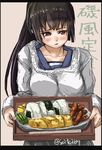  alternate_hairstyle black_hair blush bowl breasts chopsticks collarbone commentary eyebrows_visible_through_hair food highres holding holding_tray isokaze_(kantai_collection) japanese_clothes kantai_collection kappougi long_hair looking_at_viewer medium_breasts omelet onigiri ponytail red_eyes sausage seitei_(04seitei) solo tamagoyaki translated tray twitter_username 