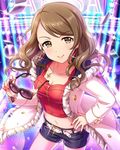  alternate_costume artist_request belt black_shorts bracelet brown_eyes brown_hair confetti earrings idolmaster idolmaster_cinderella_girls jewelry long_hair midriff mochida_arisa nail_polish official_art red_nails shorts solo stage_lights sunglasses wavy_hair 