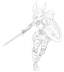  armor drawfag full_body gauntlets greaves greyscale hair_ornament highres holding holding_sword holding_weapon lineart long_hair looking_at_viewer mikan_(pokemon) monochrome parted_lips pokemon shield solo standing sword two_side_up weapon 