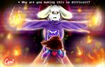  2016 anthro camilaanims caprine clothed clothing crying digital_media_(artwork) english_text female fight fire fur goat hair human larger_female mammal protagonist_(undertale) sad size_difference smaller_human stick tears text toriel undertale video_games white_fur 