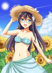  :d alternate_costume bikini black_hair blue_eyes blue_sky breasts cloud commentary_request day dress flower glasses hand_on_headwear hat kantai_collection long_hair looking_at_viewer navel ookawa_wataru ooyodo_(kantai_collection) open_mouth outdoors sarong semi-rimless_eyewear sky small_breasts smile solo straw_hat sun_hat sundress sunflower swimsuit under-rim_eyewear 