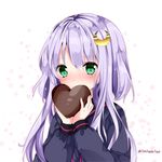  bad_id bad_pixiv_id bangs black_serafuku blush chocolate chocolate_heart commentary_request crescent crescent_hair_ornament eyebrows_visible_through_hair green_eyes hair_ornament heart kantai_collection long_hair long_sleeves nanase_nao purple_hair school_uniform serafuku short_hair_with_long_locks simple_background solo twitter_username upper_body valentine white_background yayoi_(kantai_collection) 
