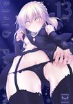  artoria_pendragon_(all) ass bare_shoulders black_legwear black_panties blonde_hair blush breasts cameltoe cover cover_page covered_nipples doujin_cover elbow_gloves fate/stay_night fate_(series) garter_belt gloves looking_at_viewer navel nipples panties pussy_juice saber_alter small_breasts solo suga_hideo sweat thighhighs underwear yellow_eyes 