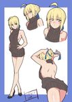  2017 adjusting_hair ahoge arms_behind_head arms_up artoria_pendragon_(all) ass back backless_dress backless_outfit bangs bare_back bare_shoulders black_dress black_footwear black_sweater blonde_hair blue_ribbon blush blush_stickers braid breasts closed_mouth crossed_legs dated dress eyebrows_visible_through_hair fate/stay_night fate_(series) french_braid from_behind full_body green_eyes hair_bun hair_ribbon halterneck hands_in_hair hands_on_hips high_heels highres legs_together lolik looking_at_viewer meme_attire multiple_views naked_sweater no_bra no_panties ribbed_dress ribbed_sweater ribbon saber shoes short_hair sideboob sidelocks signature sleeveless sleeveless_turtleneck small_breasts smile standing sweater sweater_dress turtleneck turtleneck_sweater tying_hair virgin_killer_sweater watson_cross 
