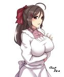  ahoge apron bow breast_hold breasts brown_hair hair_bow hair_ornament hairclip hayabusa highres kantai_collection large_breasts long_hair looking_at_viewer mamiya_(kantai_collection) pink_eyes ponytail red_bow signature simple_background smile solo white_background 