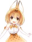  :d animal_ears artist_name bare_shoulders blush bow bowtie brown_eyes cross-laced_clothes dated elbow_gloves eyelashes gloves hair_between_eyes karory kemono_friends looking_at_viewer no_nose open_mouth orange_hair ribbon-trimmed_clothes ribbon-trimmed_skirt ribbon_trim serval_(kemono_friends) serval_ears serval_print shirt short_hair simple_background skirt sleeveless sleeveless_shirt smile solo tareme twitter_username upper_body white_background white_shirt 