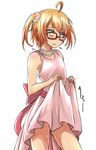  ahoge blush brown_eyes dress dress_lift glasses highres jewelry love_stage!! male_focus necklace open_mouth otoko_no_ko pearl_necklace pink_dress sena_izumi short_twintails solo standing sweatdrop tom_(drpow) twintails white_background 