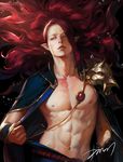  abs air_bubble arm_at_side arm_guards bangs blue_eyes bubble cape cdash817 chest collarbone floating_hair gem highres japanese_clothes lips long_hair looking_away male_focus navel nipples onmyoji parted_lips pauldrons pointy_ears pulled_by_self red_eyes red_hair rope shiny shiny_hair shuten_douji_(onmyoji) sideways_glance signature solo spikes stomach submerged underwater upper_body 