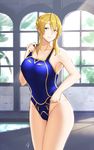  adjusting_clothes adjusting_swimsuit alternate_costume artoria_pendragon_(all) artoria_pendragon_(lancer) bangs blonde_hair blue_swimsuit braid breasts collarbone colored_eyelashes competition_swimsuit cowboy_shot earrings fate/grand_order fate_(series) green_eyes hair_between_eyes hayabusa highleg highleg_swimsuit jewelry large_breasts lips looking_at_viewer mature one-piece_swimsuit pool poolside sidelocks smile solo strap_lift swept_bangs swimsuit thighs 