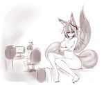  animal_humanoid bed breasts butt canine chair clothed clothing computer crossed_arms duo female fox fox_humanoid frown fully_clothed glare hair human humanoid inner_ear_fluff inside long_hair long_tail male mammal momo_(sub-res) monochrome nipples nude simple_background sitting sketch spooky_fox sub-res white_background 