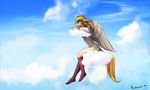  anthro blonde_hair breasts clothed clothing cloud cutie_mark day equine fan_character feathered_wings feathers green_eyes grey_feathers hair legwear mammal my_little_pony outside pegasus rublegun smile socks topless under_boob wings 