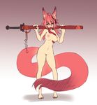  2016 animal_humanoid areola blush breast_lick breasts canine female flat_colors fox fox_humanoid gradient_background hair humanoid inner_ear_fluff licking long_tail long_tongue mammal melee_weapon momo_(sub-res) navel nipples nude pink_hair pink_tail prehensile_tongue sharp_teeth simple_background smile solo spooky_fox standing sub-res sword teeth tongue tongue_out weapon 