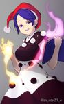  alternate_hairstyle artist_name black_dress blue_eyes blue_hair book breasts doremy_sweet dream_soul dress gradient gradient_background hat highres medium_breasts mikami_yuuki_(nl8you) pom_pom_(clothes) santa_hat short_sleeves smug solo touhou 