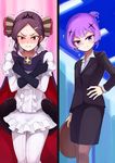  brown_hair business_suit cosplay costume_switch dual_persona embarrassed folded_ponytail formal highres lin_xiao_miao magical_girl mahou_shoujo_ikusei_keikaku mahou_shoujo_ikusei_keikaku_unmarked mokuou_sanae mokuou_sanae_(cosplay) multiple_girls pantyhose pencil_skirt purple_hair ruler_(mahoiku) ruler_(mahoiku)_(cosplay) skirt skirt_suit suit 