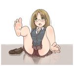  1girl arm_support barefoot blonde_hair blush feet feet_up glasses green_eyes loafers long_hair looking_at_viewer open_mouth pantyshot school_uniform shoes_removed sitting soles spread_legs toes 