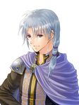  cape fire_emblem fire_emblem:_rekka_no_ken grey_hair hanasaki_komugi long_hair low_ponytail male_focus pent purple_eyes simple_background solo upper_body white_background 