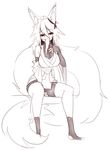  2016 animal_humanoid big_breasts breasts canine cleavage clothed clothing ear_ornament female fox fox_humanoid half-closed_eyes humanoid inner_ear_fluff japanese_clothing long_tail long_tongue looking_at_viewer mammal momo_(sub-res) monochrome simple_background sitting sketch skinny solo spooky_fox sub-res tight_clothing tongue tongue_out white_background 