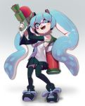  1girl absurdres aqua_eyes aqua_hair bare_shoulders black_footwear black_legwear black_skirt cosplay detached_sleeves domino_mask floating_hair gradient gradient_background grey_background hair_ornament hatsune_miku hatsune_miku_(cosplay) headphones headset highres holding holding_weapon ink_tank_(splatoon) inkling long_hair mask necktie pleated_skirt shoes skirt sneakers solo splatoon_(series) splattershot_(splatoon) symbol-shaped_pupils tentacle_hair thighhighs topdylan twintails very_long_hair vocaloid weapon white_background 