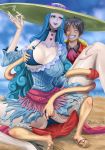  1girl breast_grab breasts charlotte_amande cleavage curvy grabbing large_breasts monkey_d_luffy one_piece pussy smile smoking 