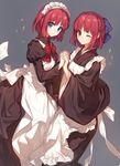  apron blue_eyes bow chocoan hair_ribbon hisui holding_hands japanese_clothes juliet_sleeves kimono kohaku long_sleeves maid maid_apron maid_headdress multiple_girls one_eye_closed puffy_sleeves red_hair ribbon sash short_hair siblings simple_background sisters smile tsukihime type-moon wa_maid yellow_eyes 