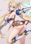  1girl akatsuki_ikki armor armpits ass bikini_armor blonde_hair blue_eyes blush boots bradamante_(fate/grand_order) braid breasts cleavage commentary_request elbow_gloves fate/grand_order fate_(series) french_braid gloves hair_between_eyes hair_ribbon heels highres knee_boots large_breasts legs_folded long_hair looking_at_viewer open_mouth outstretched_arm parted_lips ribbon shiny shiny_skin simple_background solo thong twintails very_long_hair weapon 