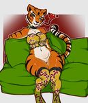 &lt;3 2017 anthro avante92 black_fur bottomless breasts brown_fur clothed clothing english_text feline female fur hand_on_hip hi_res kung_fu_panda legwear looking_at_viewer mammal master_tigress pussy red_eyes signature sitting smile solo stripes text tiger white_fur wide_hips yellow_sclera 