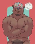  2017 anthro baseball_cap bear beard biceps biped black_nose brown_fur brown_nipples crossed_arms digital_media_(artwork) english_text facial_hair front_view fur half-length_portrait hat hi_res licking licking_lips male mammal muscular muscular_male navel nipples nude pecs portrait pubes red_background red_tongue repzzmonster simple_background solo speech_bubble standing text tongue tongue_out 