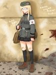  absurdres aqua_eyes bag blood full_body german glasses highres military military_uniform original paramedic ranguage rubble russian skirt socks soldier solo translated uniform world_war_ii 