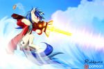  2015 anthro blue_eyes blue_hair cutie_mark day detailed_background equine friendship_is_magic hair holding_object holding_weapon hooves horn mammal my_little_pony rublegun sky smile unicorn vinyl_scratch_(mlp) weapon 