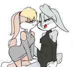  blonde_hair bugs_bunny clothed clothing crossdressing female girly hair lagomorph lola_bunny looney_tunes male mammal rabbit simple_background teeth warner_brothers zehn 