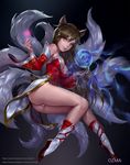  ahri animal_ears artist_name artstation_username ass bangs bare_shoulders breasts brown_hair cleavage closed_mouth detached_sleeves dress eyelashes facebook_username fingernails fox_ears fox_tail glowing groin hair_between_eyes hand_up heart highres korean_clothes large_breasts league_of_legends light_smile long_fingernails long_hair long_sleeves magic medium_breasts microdress midair multiple_tails nail_polish nose orb ozma panties pink_lips pink_nails red_dress red_footwear shoes smile solo strapless strapless_dress tail underwear very_long_hair watermark web_address whisker_markings white_legwear white_panties yellow_eyes 