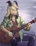  &lt;3 2017 5_fingers anthro ariel_lin asriel_dreemurr boss_monster caprine clothed clothing eyes_closed fur goat guitar headphones holding_musical_instrument horn jacket jeans long_ears male mammal musical_instrument pants playing_guitar playing_music simple_background sitting solo undertale video_games white_fur 