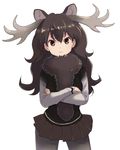  animal_ears antlers black_eyes black_hair extra_ears inumoto kemono_friends long_hair moose_(kemono_friends) moose_ears pantyhose skirt solo white_background 