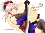  armpits asymmetrical_hair bare_shoulders black_legwear blue_eyes commentary_request dual_wielding earrings fate/grand_order fate_(series) floral_background floral_print hair_ornament holding japanese_clothes jewelry katana kimono long_hair miyamoto_musashi_(fate/grand_order) pink_hair sash smile solo srnk sword thighhighs thighs twitter_username weapon 