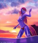  5_fingers armpits breasts clothed clothing day detailed_background equine fan_character hair mammal my_little_pony navel nipples outside partially_submerged purple_hair red_eyes rublegun smile standing topless water 