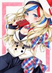  belt beret blonde_hair blue_eyes blue_hair box commandant_teste_(kantai_collection) cowboy_shot double-breasted funnyfunny hat kantai_collection long_hair multicolored_hair plaid plaid_scarf pom_pom_(clothes) red_hair scarf solo streaked_hair traditional_media white_hair 